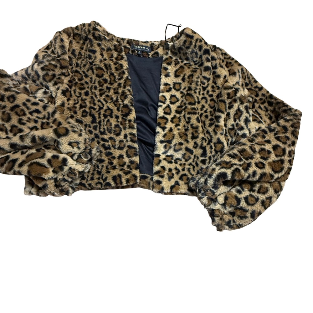 Joseph A. Faux Fur Jacket Wms L Leopard Print Cropped Balloon Sleeve Open Front